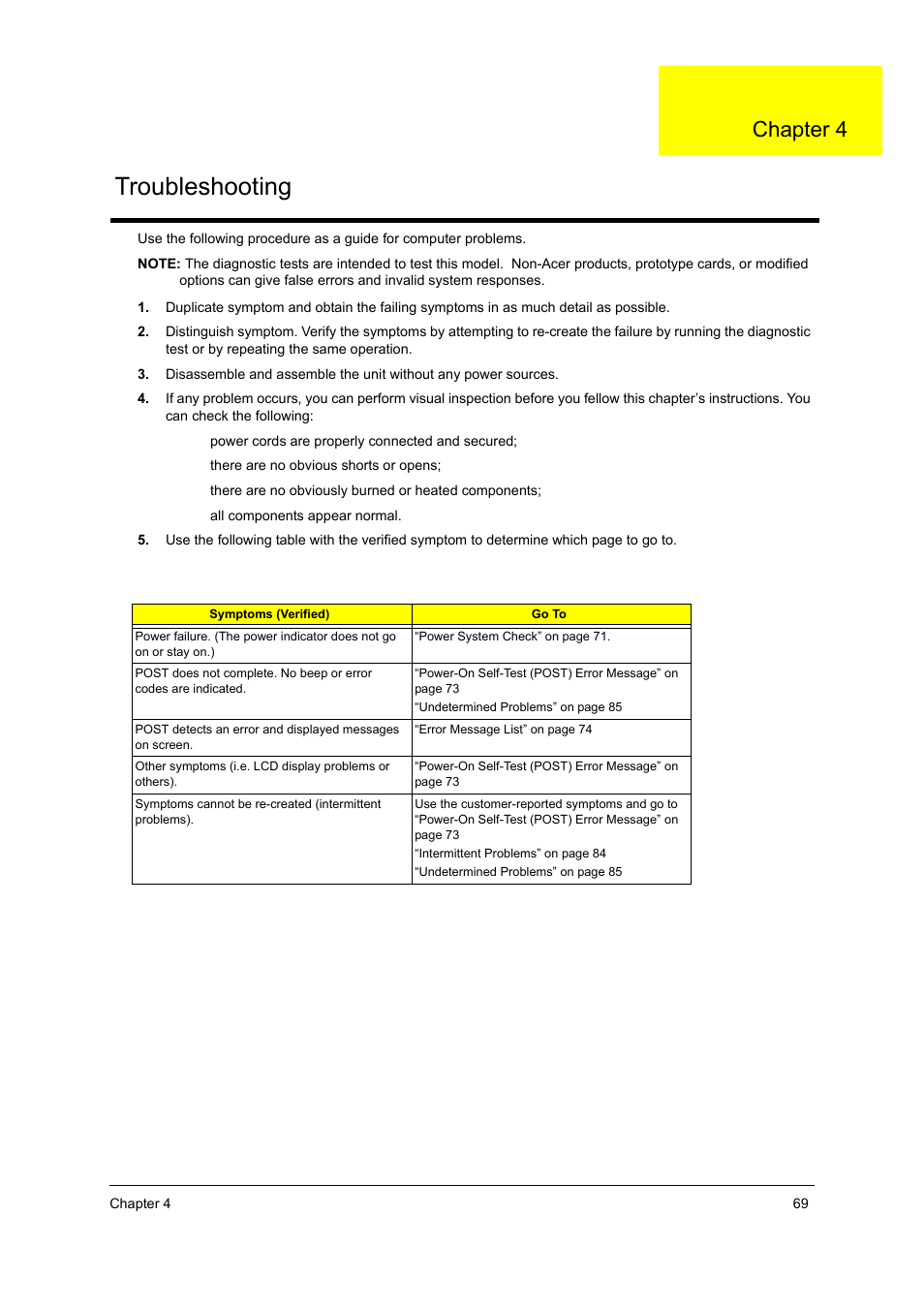 Ch.4 troubleshooting, Troubleshooting, Chapter 4 | Acer 4010 User Manual | Page 77 / 107