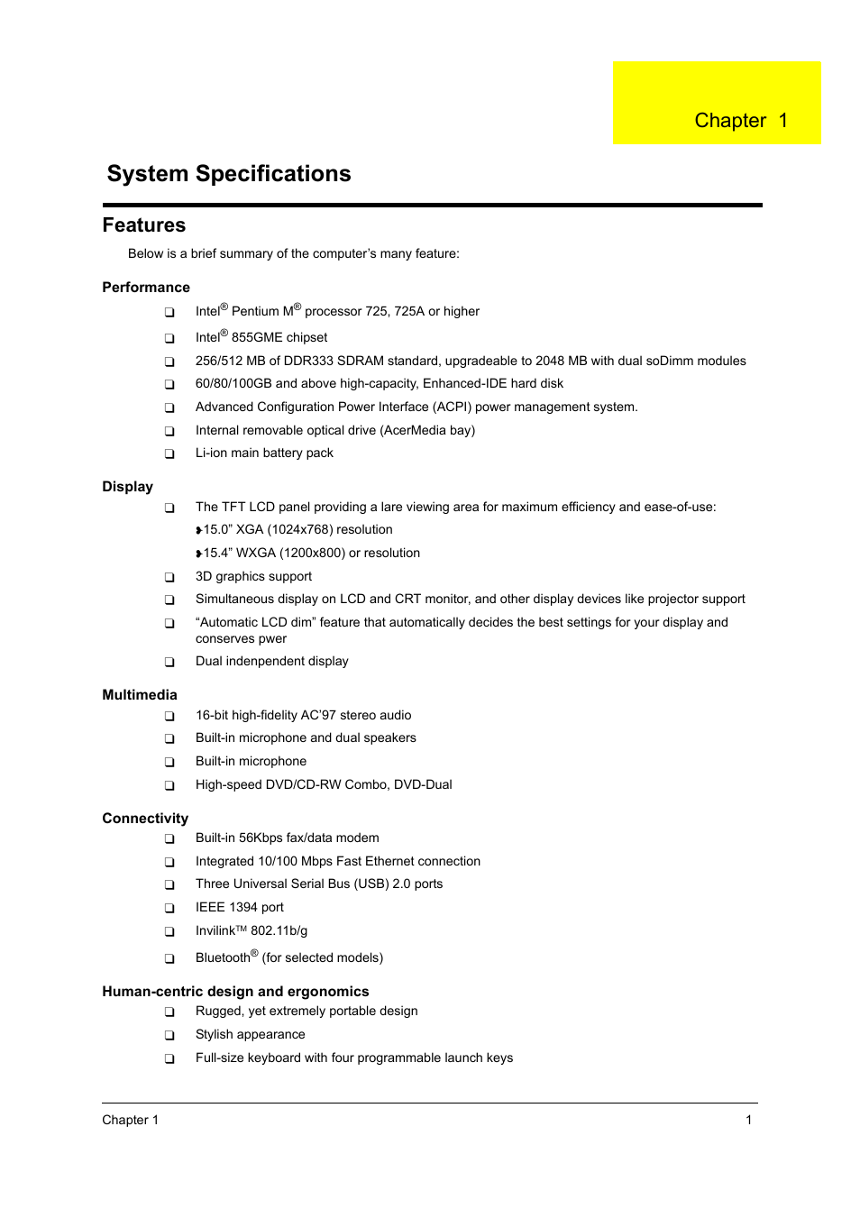 Ch.1 system specifications, Features, System specifications | Chapter 1 | Acer 4010 User Manual | Page 9 / 107
