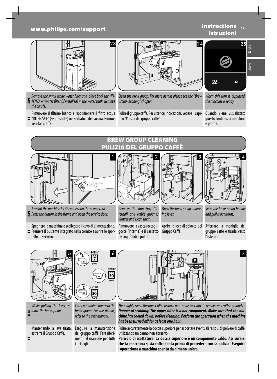 Brew group cleaning pulizia del gruppo caffè | Philips Saeco GranBaristo Machine espresso Super Automatique User Manual | Page 19 / 72