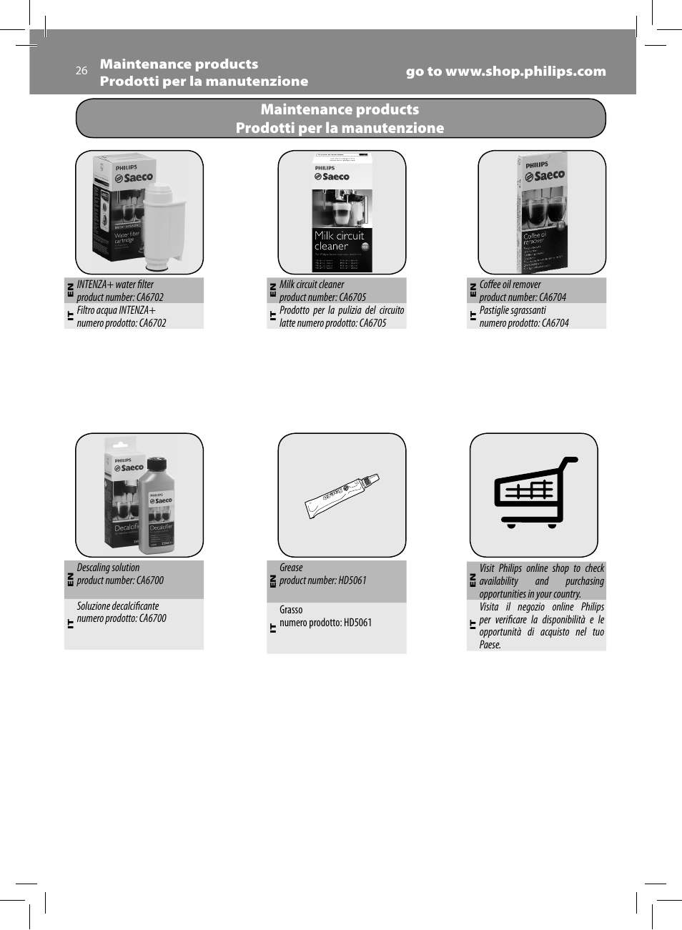 Maintenance products prodotti per la manutenzione | Philips Saeco GranBaristo Machine espresso Super Automatique User Manual | Page 26 / 72