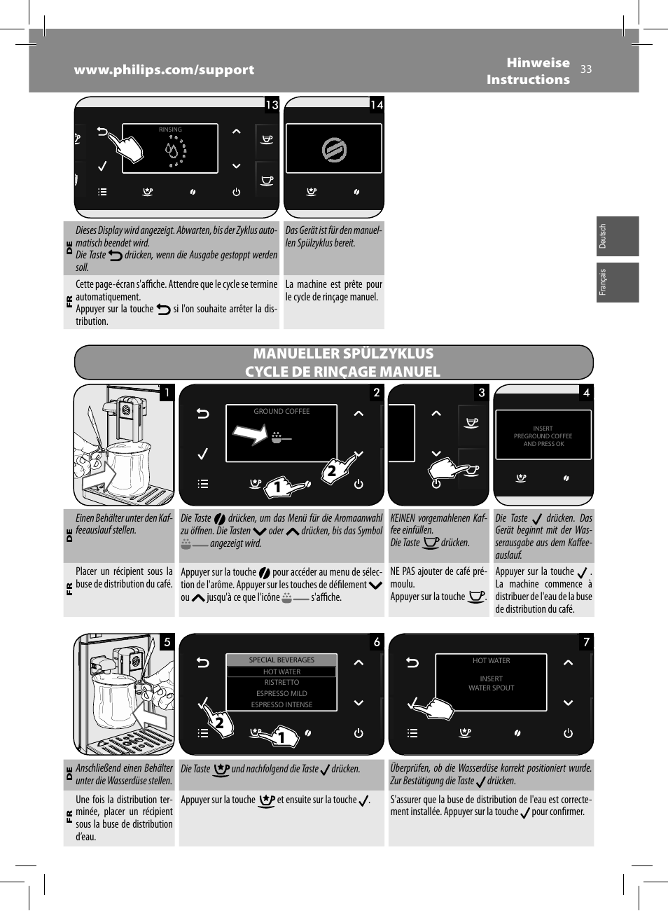 Manueller spülzyklus cycle de rinçage manuel | Philips Saeco GranBaristo Machine espresso Super Automatique User Manual | Page 33 / 72