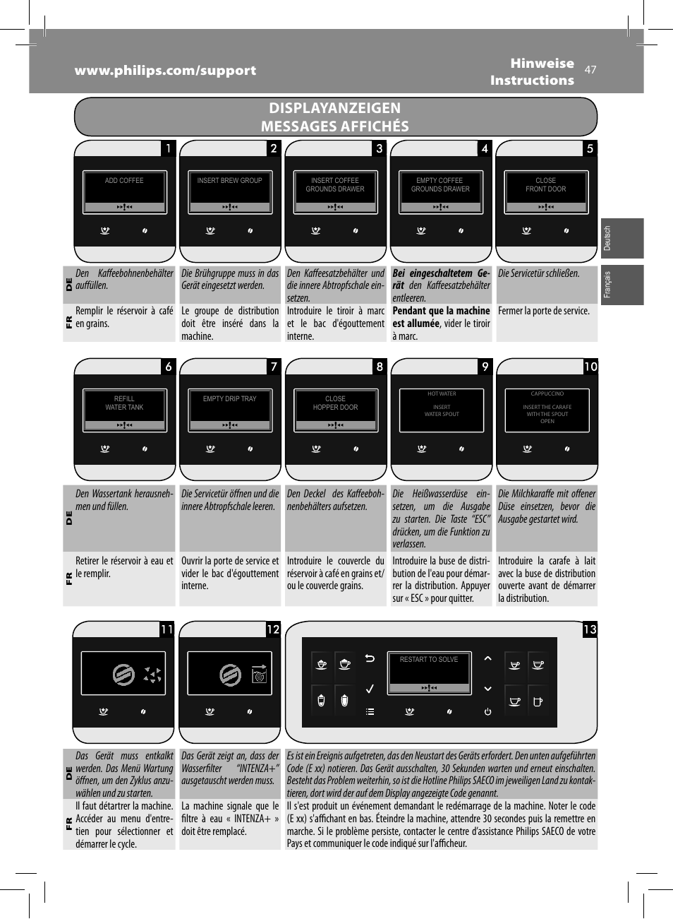 Displayanzeigen messages affichés | Philips Saeco GranBaristo Machine espresso Super Automatique User Manual | Page 47 / 72