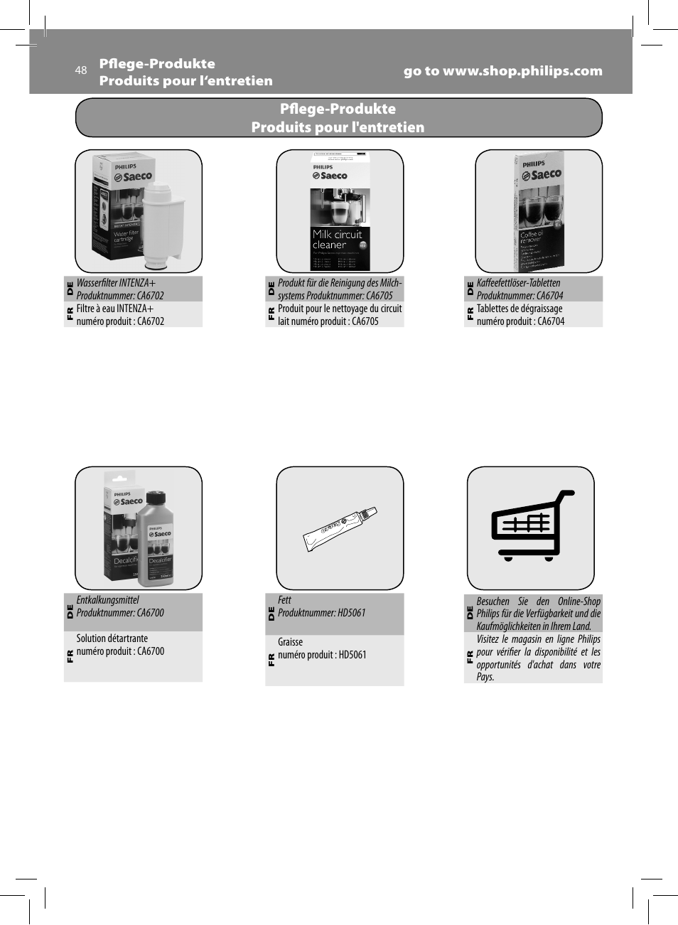 Pfl ege-produkte produits pour l'entretien | Philips Saeco GranBaristo Machine espresso Super Automatique User Manual | Page 48 / 72