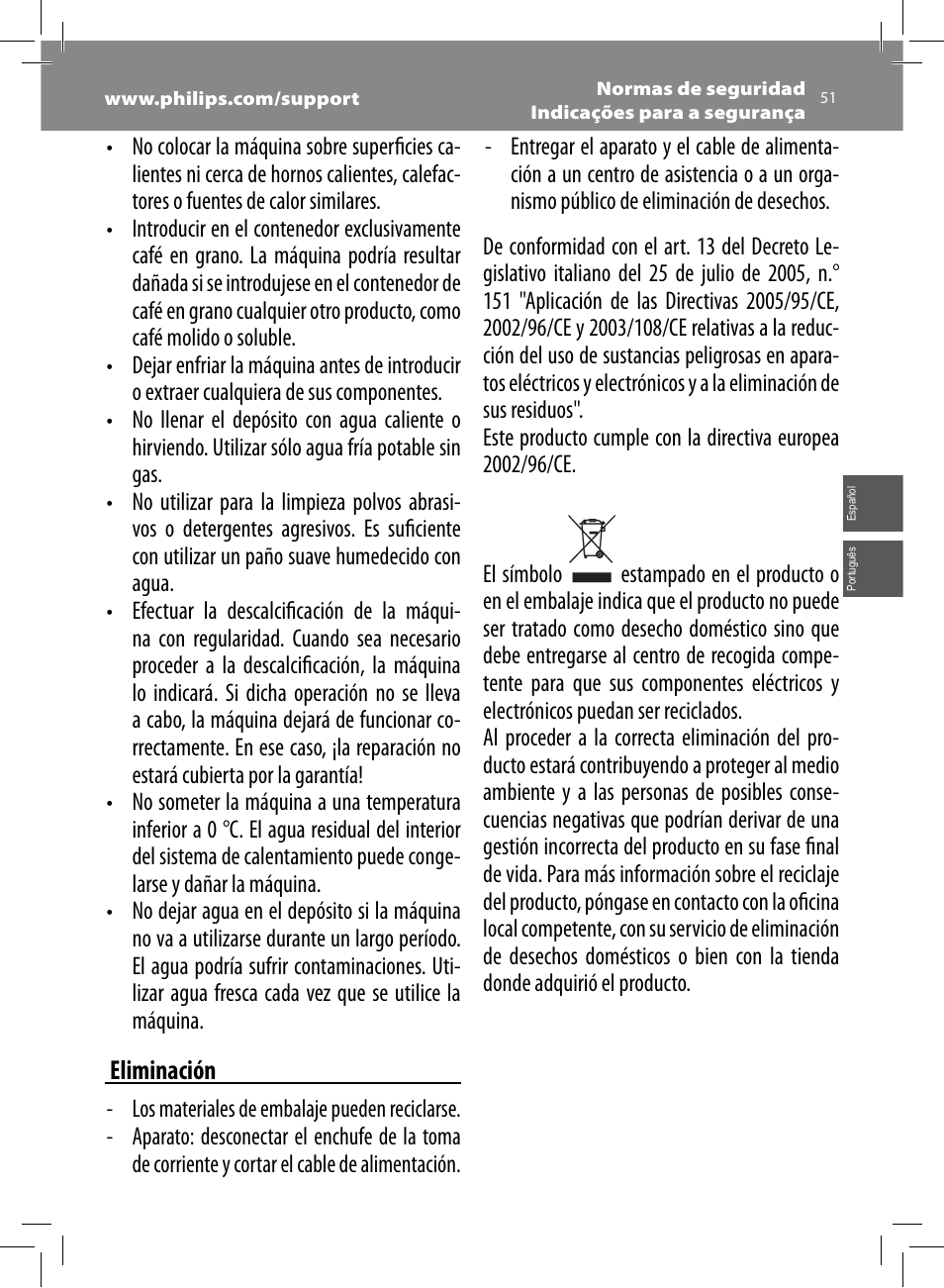 Eliminación | Philips Saeco GranBaristo Machine espresso Super Automatique User Manual | Page 51 / 72