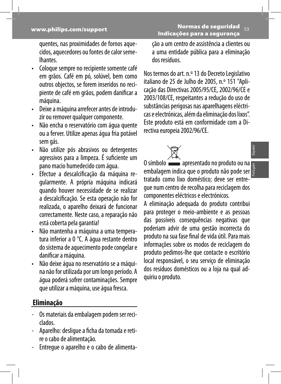 Eliminação | Philips Saeco GranBaristo Machine espresso Super Automatique User Manual | Page 53 / 72