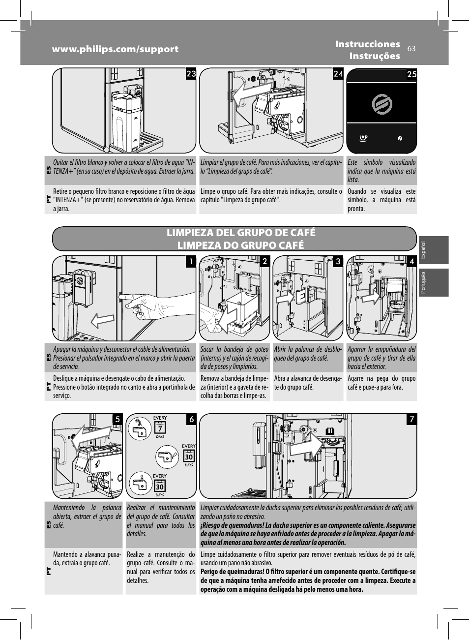 Limpieza del grupo de café limpeza do grupo café | Philips Saeco GranBaristo Machine espresso Super Automatique User Manual | Page 63 / 72