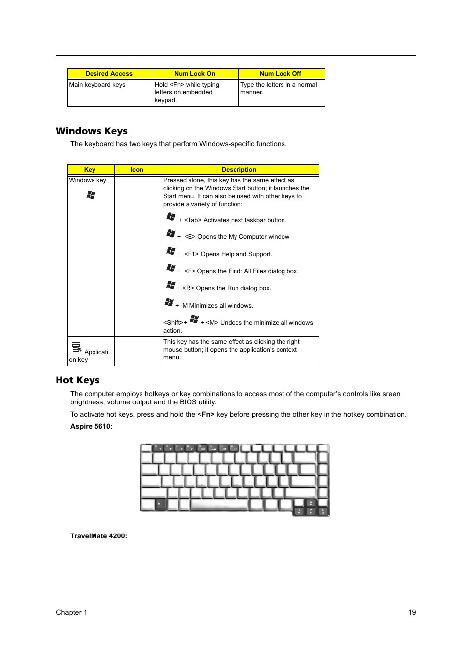 Windows keys, Hot keys | Acer 4200 Series User Manual | Page 25 / 110