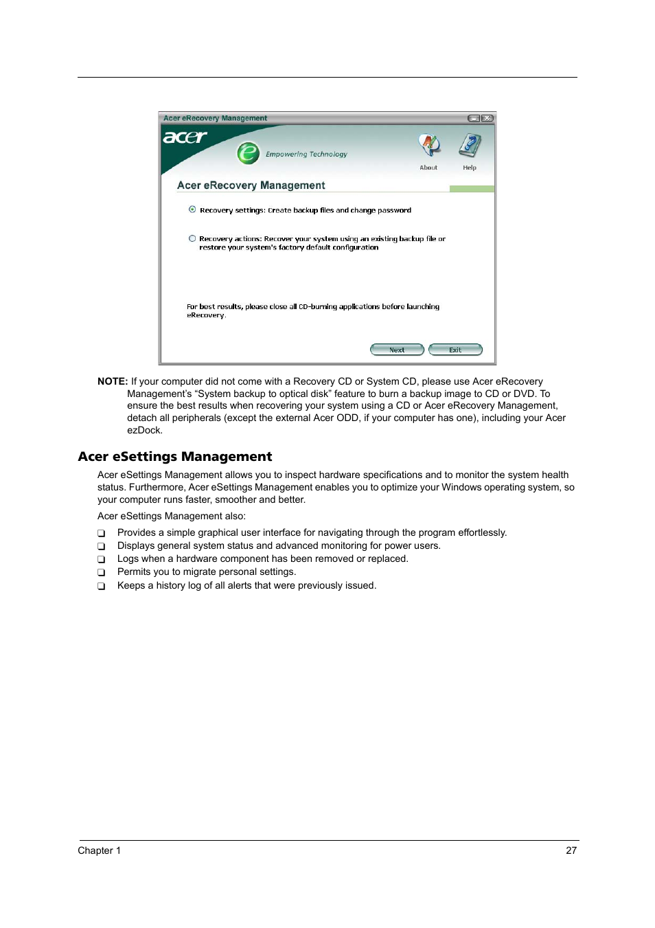 Acer esettings management | Acer 4200 Series User Manual | Page 33 / 110