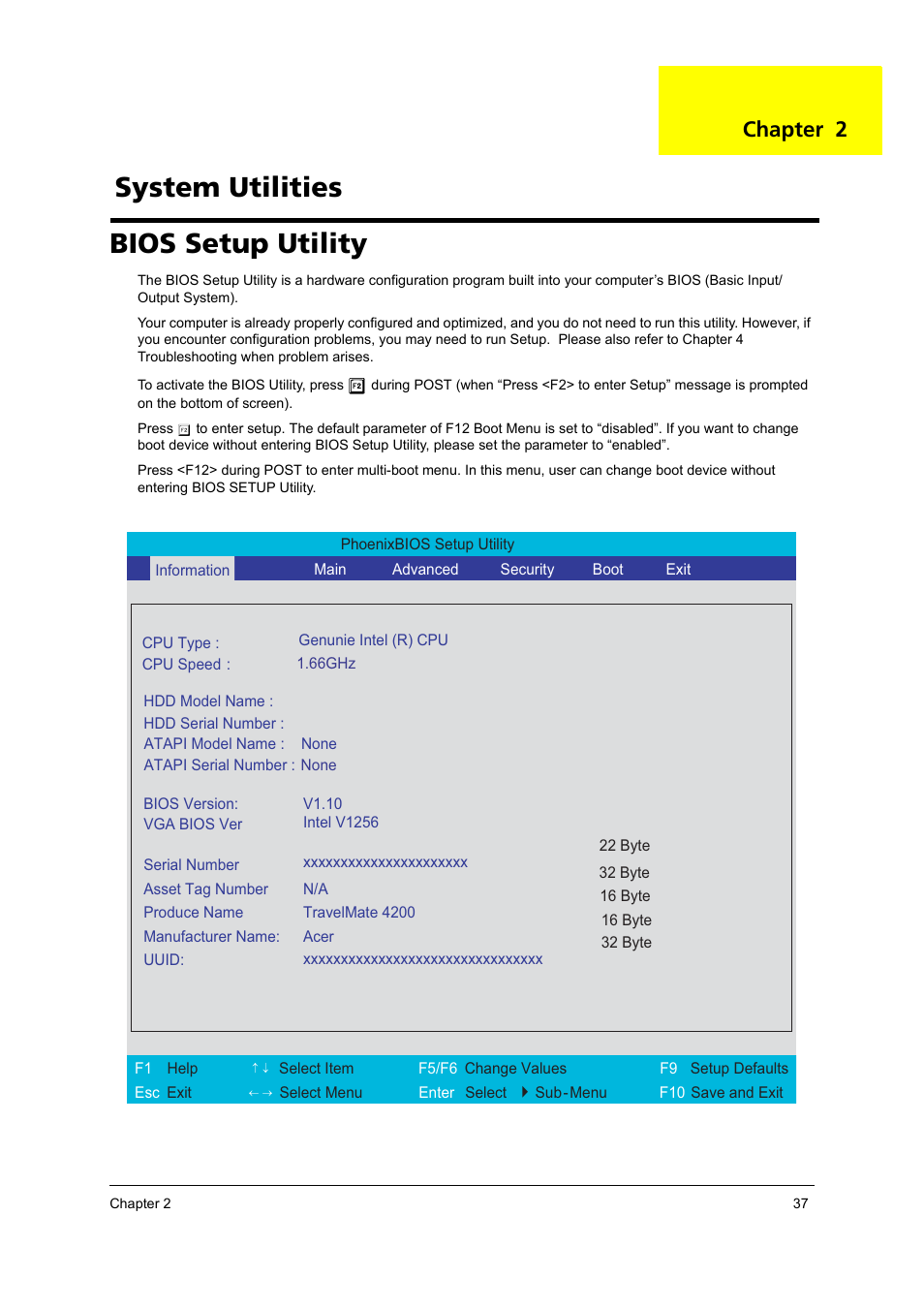 Ch.2 system utilities, Bios setup utility, System utilities | Chapter 2 | Acer 4200 Series User Manual | Page 47 / 110