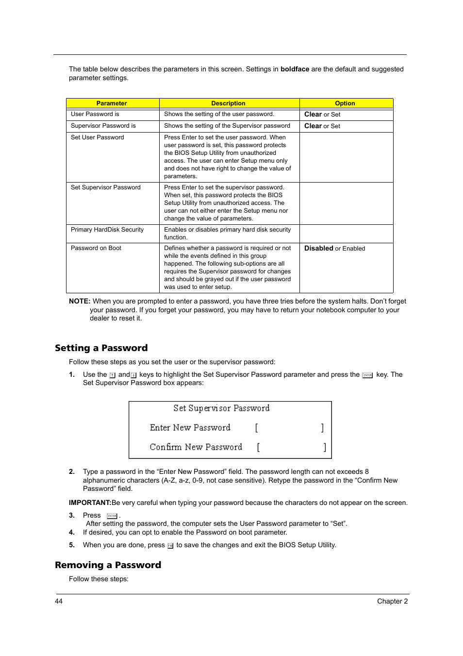 Setting a password, Removing a password | Acer 4200 Series User Manual | Page 54 / 110
