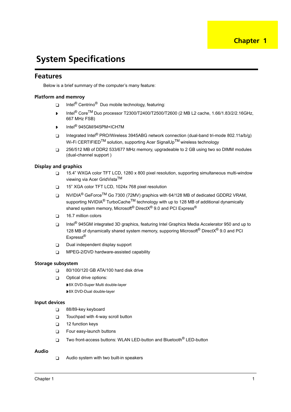 Ch.1 system specifications, Features, System specifications | Chapter 1 | Acer 4200 Series User Manual | Page 7 / 110