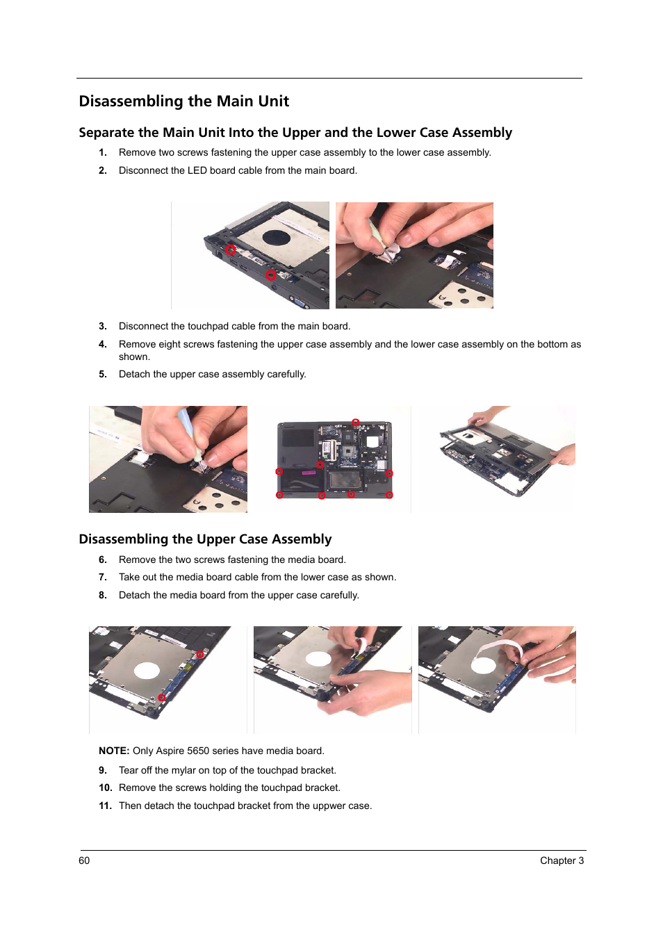 Disassembling the main unit, Disassembling the upper case assembly | Acer 4200 Series User Manual | Page 70 / 110