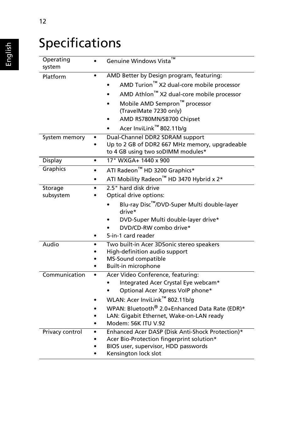 Specifications, English | Acer TravelMate ZY7 User Manual | Page 12 / 13