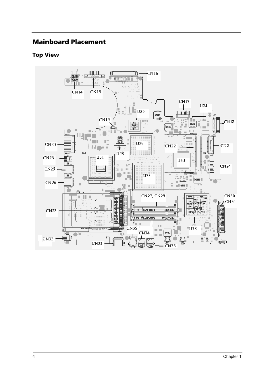 Mainboard placement, Top view | Acer 4020 User Manual | Page 10 / 106