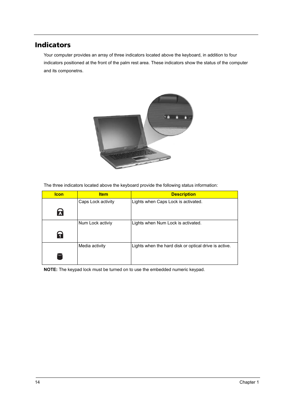 Indicators | Acer 4020 User Manual | Page 20 / 106