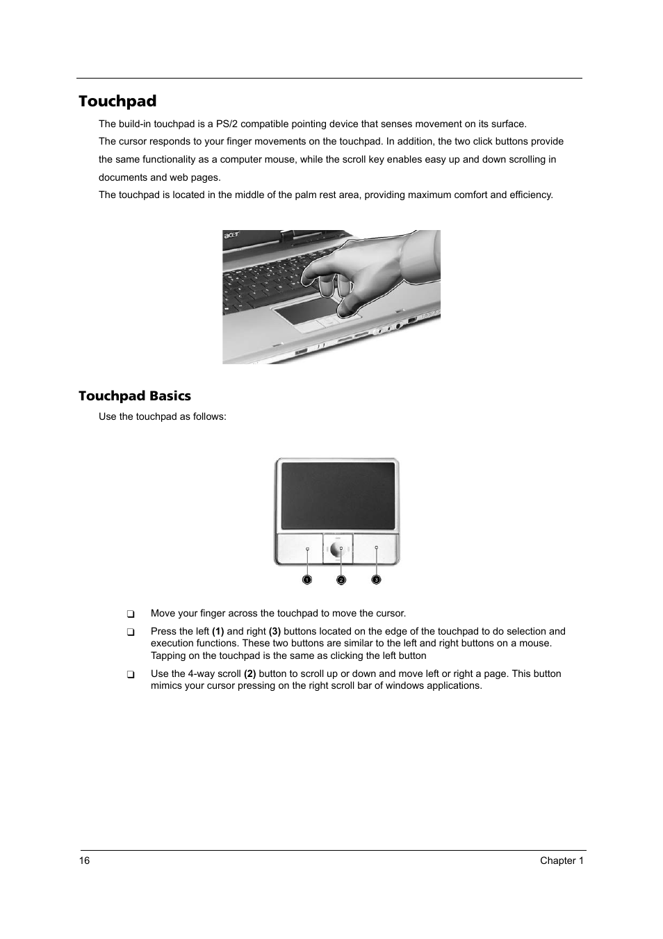 Touchpad, Touchpad basics | Acer 4020 User Manual | Page 22 / 106