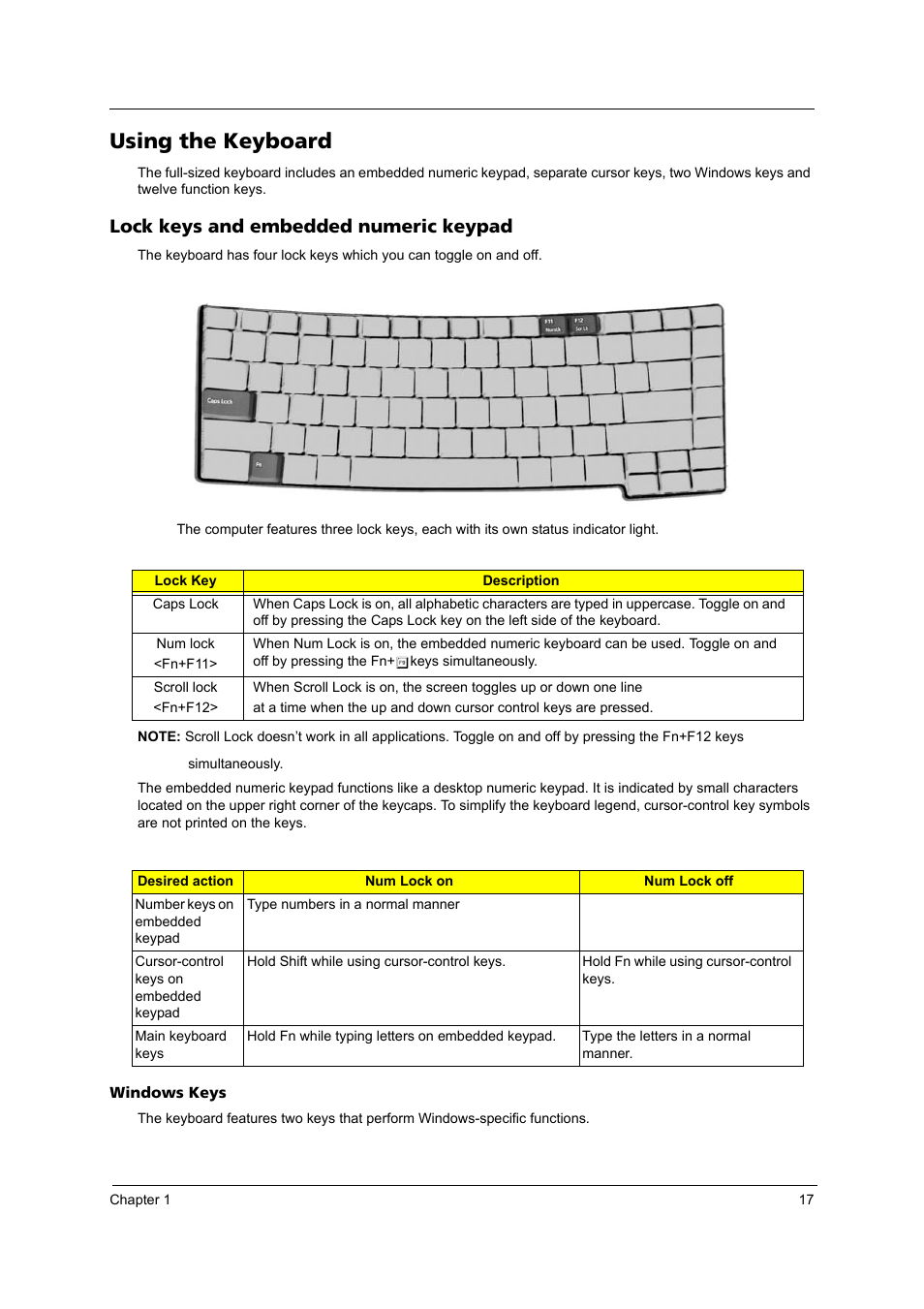 Using the keyboard, Lock keys and embedded numeric keypad | Acer 4020 User Manual | Page 23 / 106