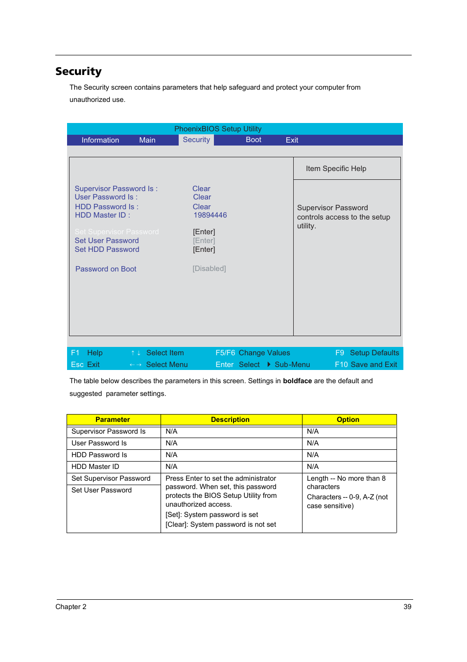 Security | Acer 4020 User Manual | Page 45 / 106