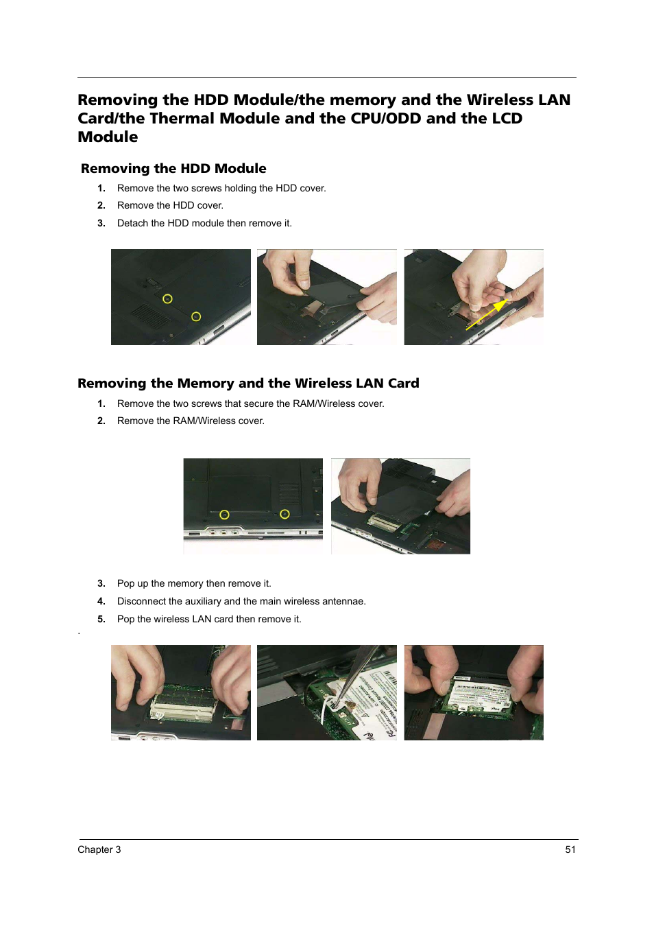 Removing the hdd module, Removing the memory and the wireless lan card | Acer 4020 User Manual | Page 57 / 106