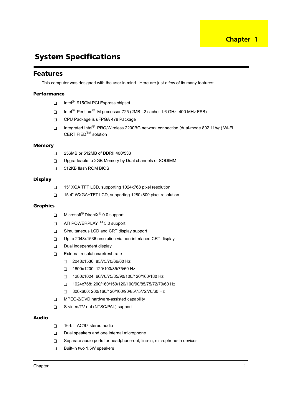 Ch.1 system specifications, Features, System specifications | Chapter 1 | Acer 4020 User Manual | Page 7 / 106