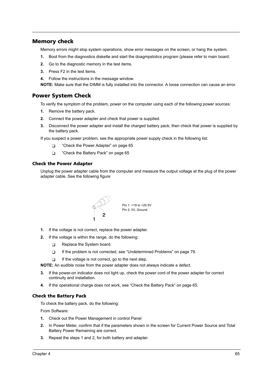 Memory check, Power system check | Acer 4020 User Manual | Page 71 / 106