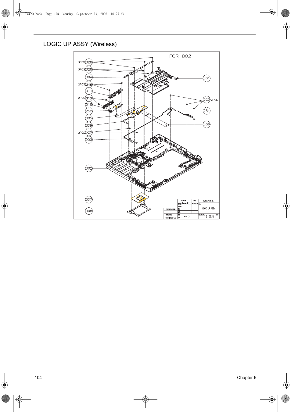 Logic up assy (wireless) | Acer 420 User Manual | Page 112 / 140