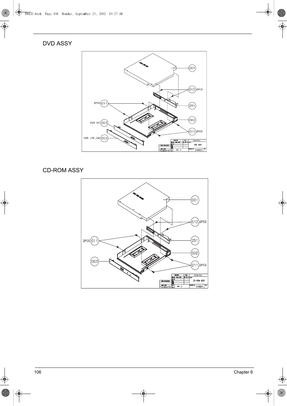 Dvd assy cd-rom assy | Acer 420 User Manual | Page 114 / 140