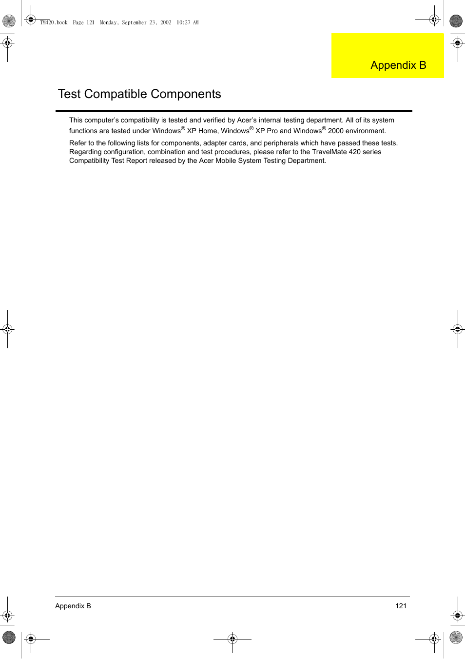 App.b test compatible components, Test compatible components, Appendix b | Acer 420 User Manual | Page 129 / 140