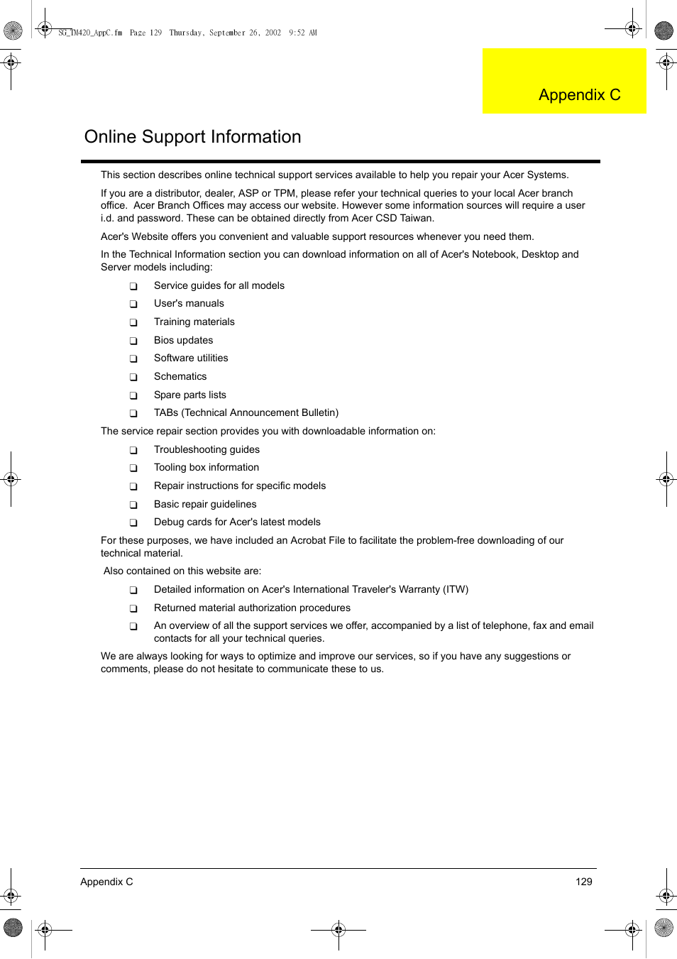 App.c online support information, Online support information, Appendix c | Acer 420 User Manual | Page 137 / 140