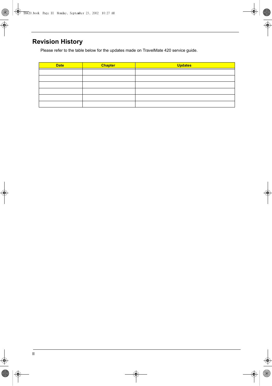 Revision history | Acer 420 User Manual | Page 2 / 140