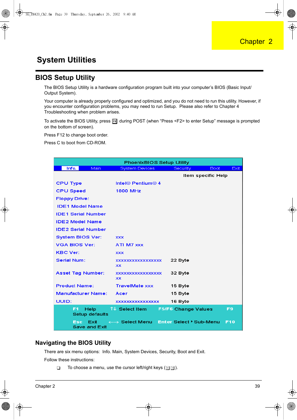 Ch.2 system utilities, Bios setup utility, System utilities | Chapter 2 | Acer 420 User Manual | Page 47 / 140