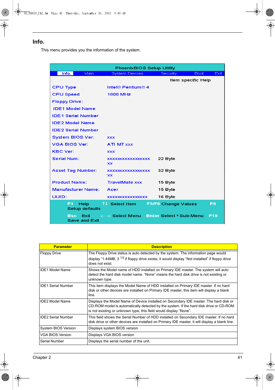 Info | Acer 420 User Manual | Page 49 / 140