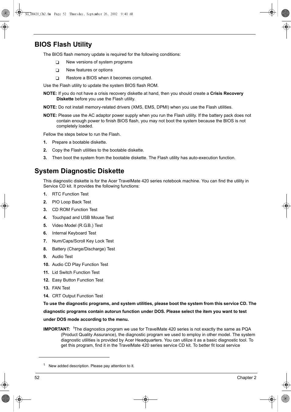 Bios flash utility, System diagnostic diskette | Acer 420 User Manual | Page 60 / 140