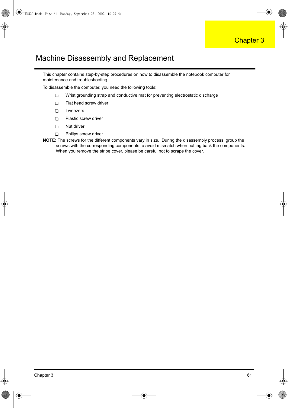 Ch.3 machine disassembly and replacement, Machine disassembly and replacement, Chapter 3 | Acer 420 User Manual | Page 69 / 140