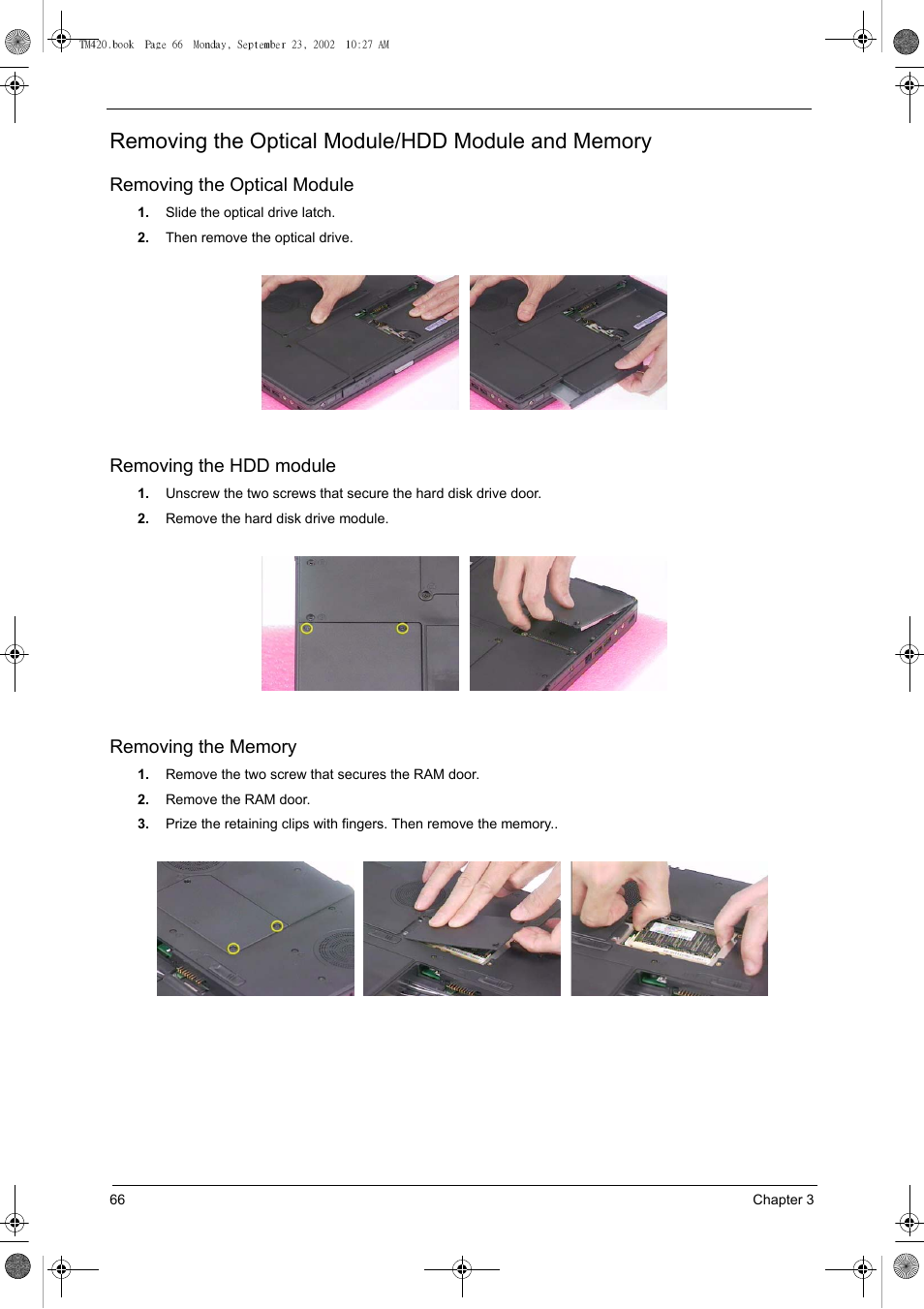 Removing the optical module/hdd module and memory, Removing the optical module, Removing the hdd module | Removing the memory | Acer 420 User Manual | Page 74 / 140