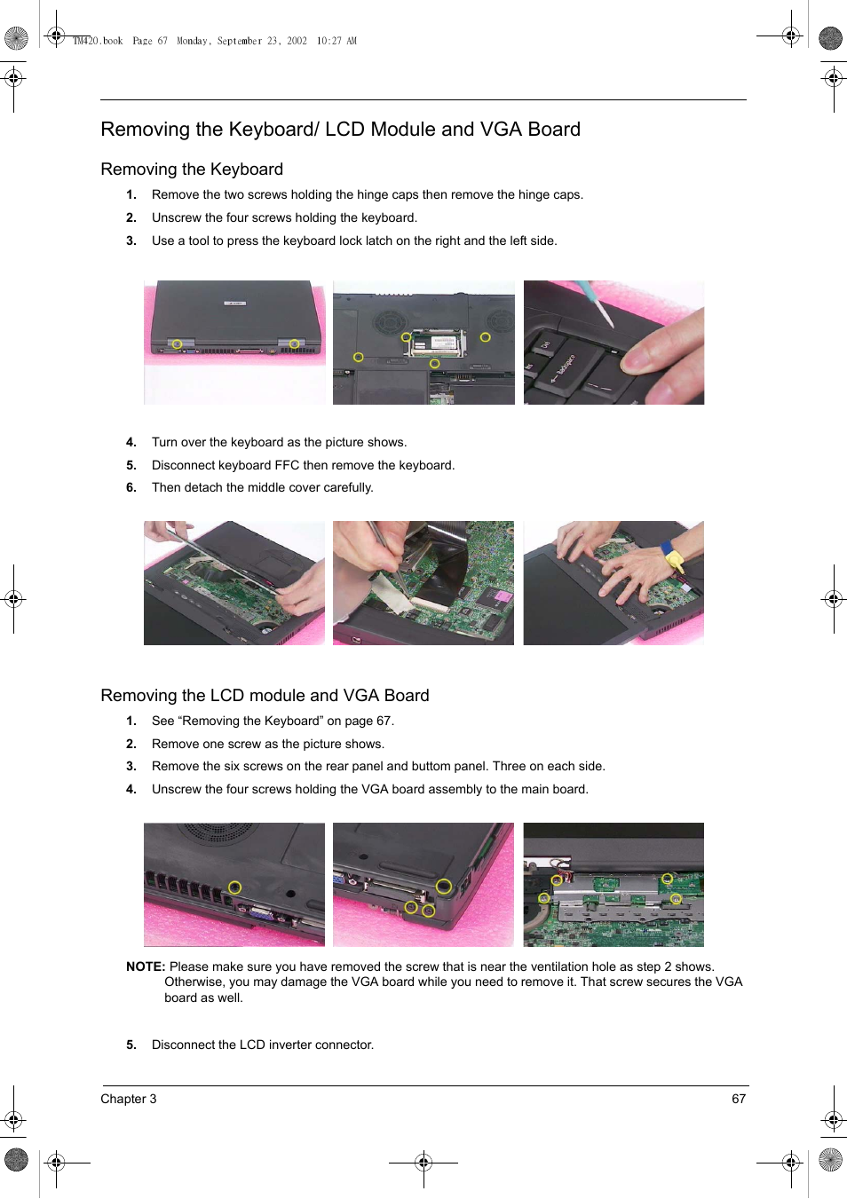 Removing the keyboard/ lcd module and vga board, Removing the keyboard, Removing the lcd module and vga board | Acer 420 User Manual | Page 75 / 140