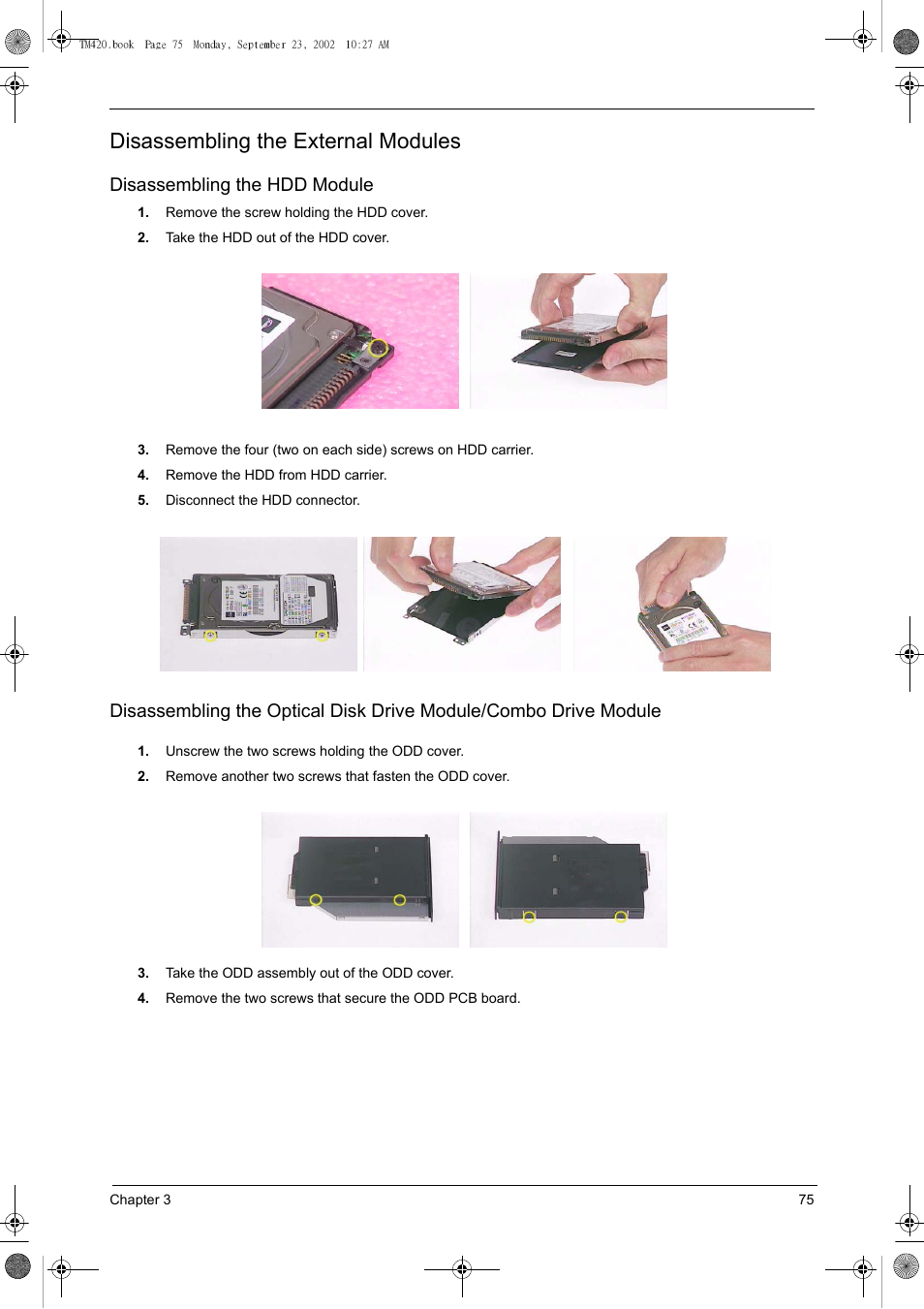 Disassembling the external modules, Disassembling the hdd module | Acer 420 User Manual | Page 83 / 140