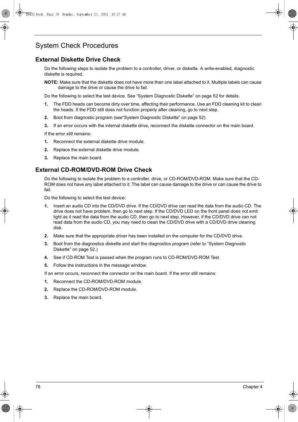 System check procedures, External diskette drive check, External cd-rom/dvd-rom drive check | Acer 420 User Manual | Page 86 / 140