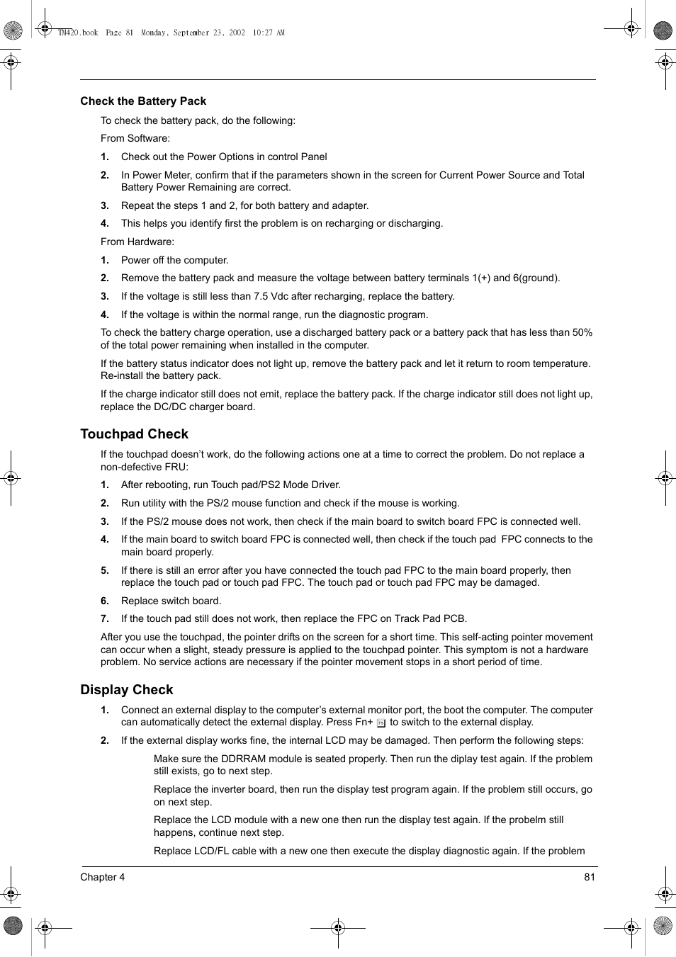 Touchpad check, Display check | Acer 420 User Manual | Page 89 / 140