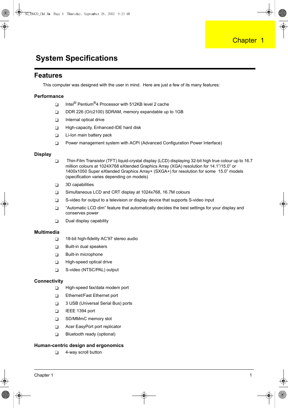 Ch.1 system specifications, Features, System specifications | Chapter 1 | Acer 420 User Manual | Page 9 / 140