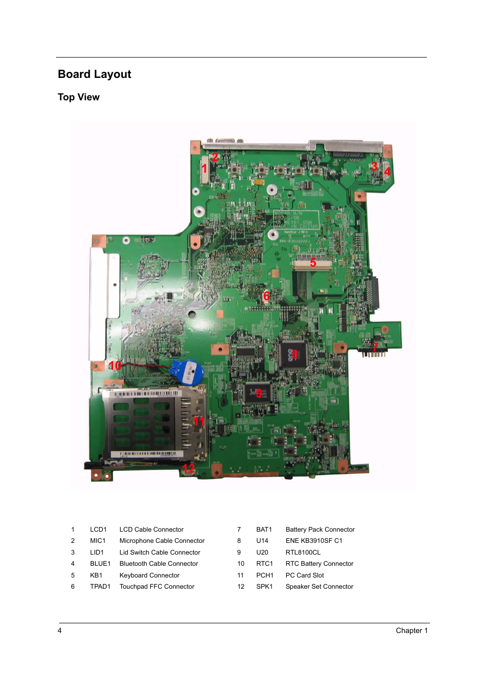 Board layout, Top view | Acer 2410 User Manual | Page 12 / 92