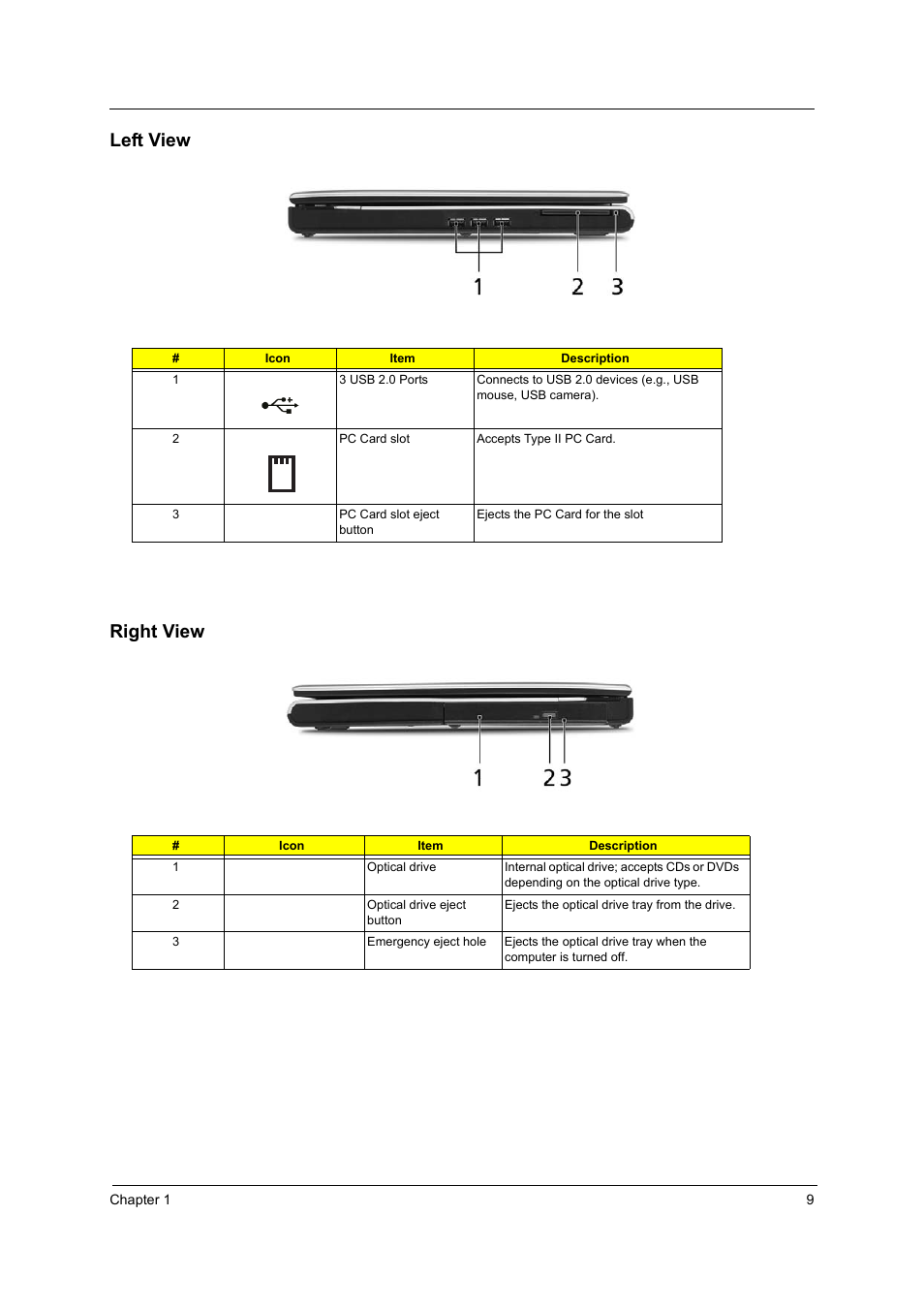 Left view, Right view, Left view right view | Acer 2410 User Manual | Page 17 / 92