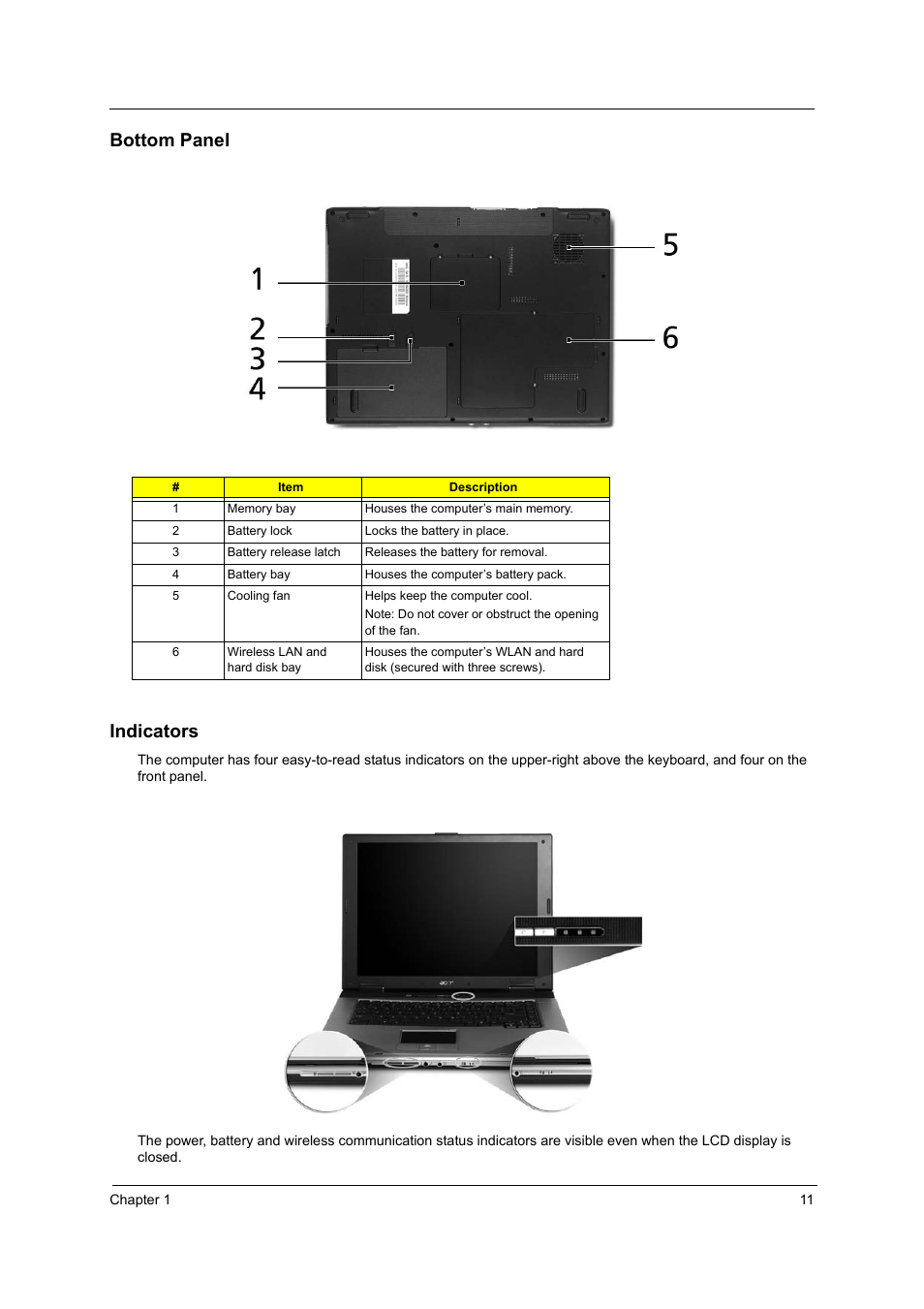 Bottom panel, Indicators, Bottom panel indicators | Acer 2410 User Manual | Page 19 / 92