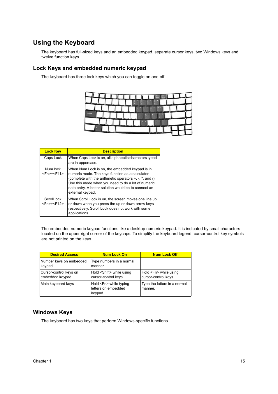 Using the keyboard, Lock keys and embedded numeric keypad, Windows keys | Acer 2410 User Manual | Page 23 / 92