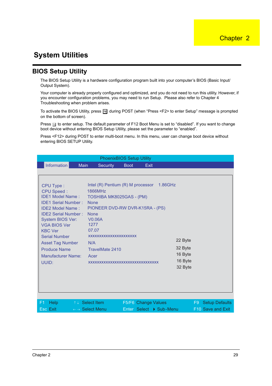 System utilities, Bios setup utility, Chapter 2 | Acer 2410 User Manual | Page 35 / 92