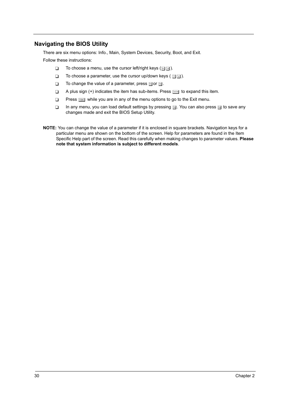 Navigating the bios utility | Acer 2410 User Manual | Page 36 / 92