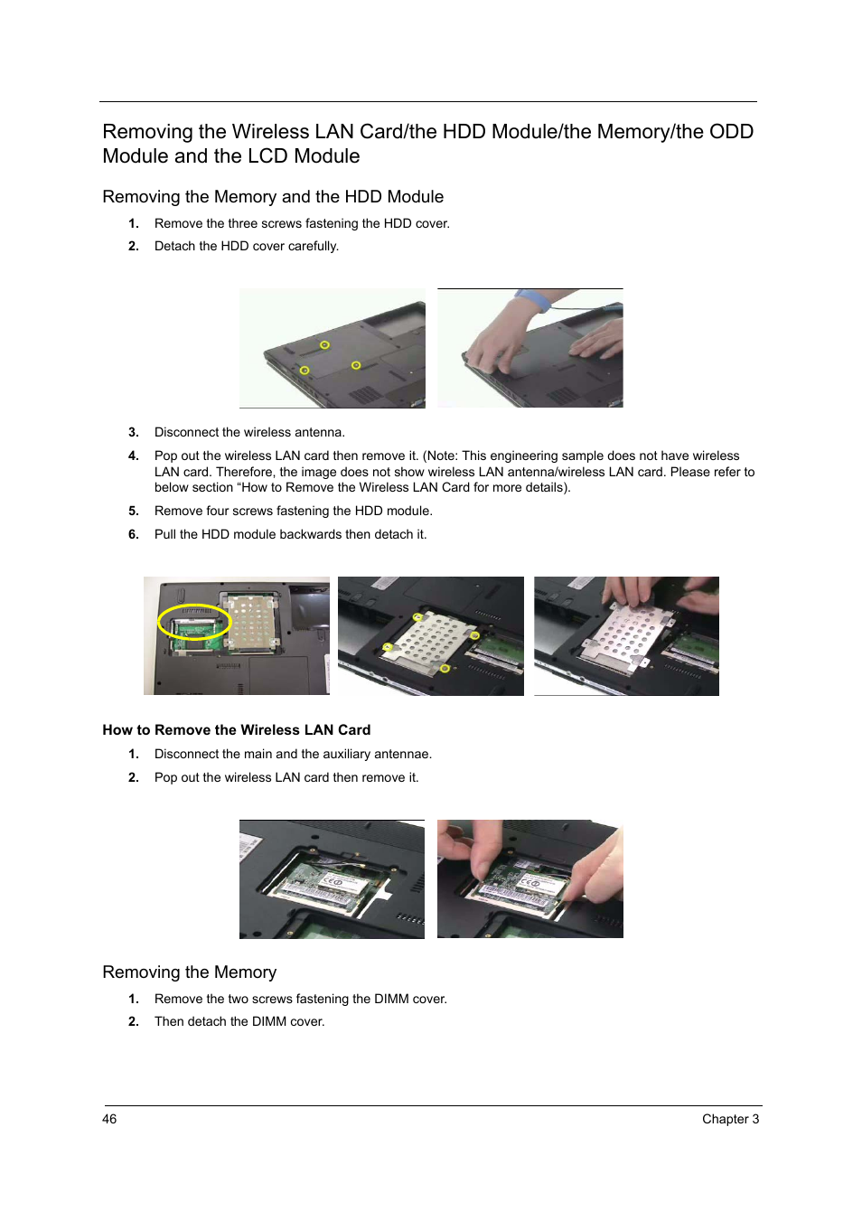 Removing the memory and the hdd module, Removing the memory | Acer 2410 User Manual | Page 52 / 92