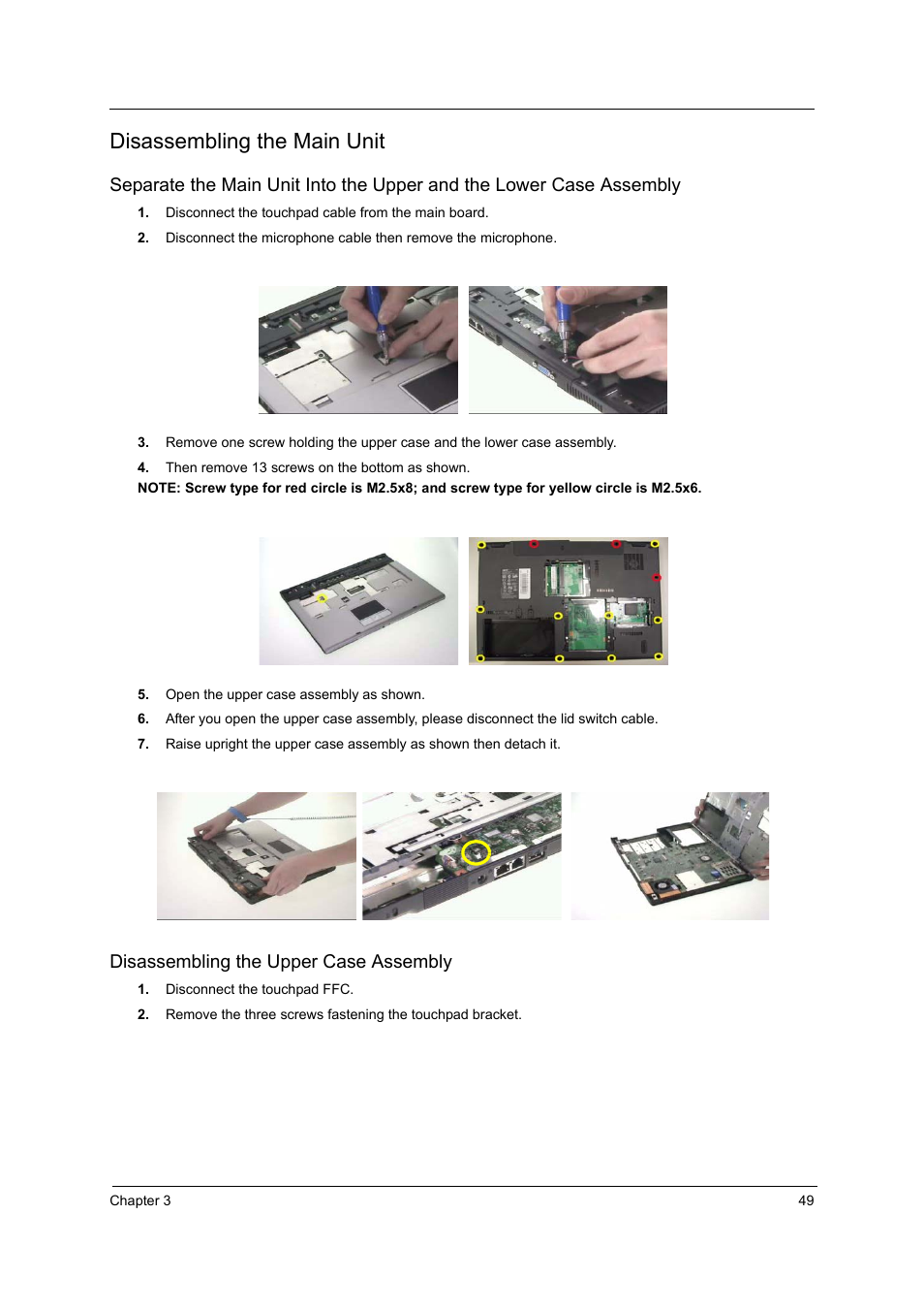 Disassembling the main unit, Disassembling the upper case assembly | Acer 2410 User Manual | Page 55 / 92