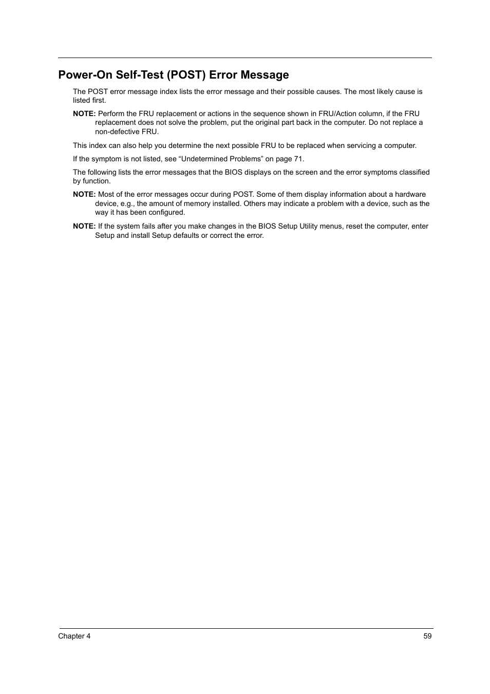 Power-on self-test (post) error message | Acer 2410 User Manual | Page 65 / 92