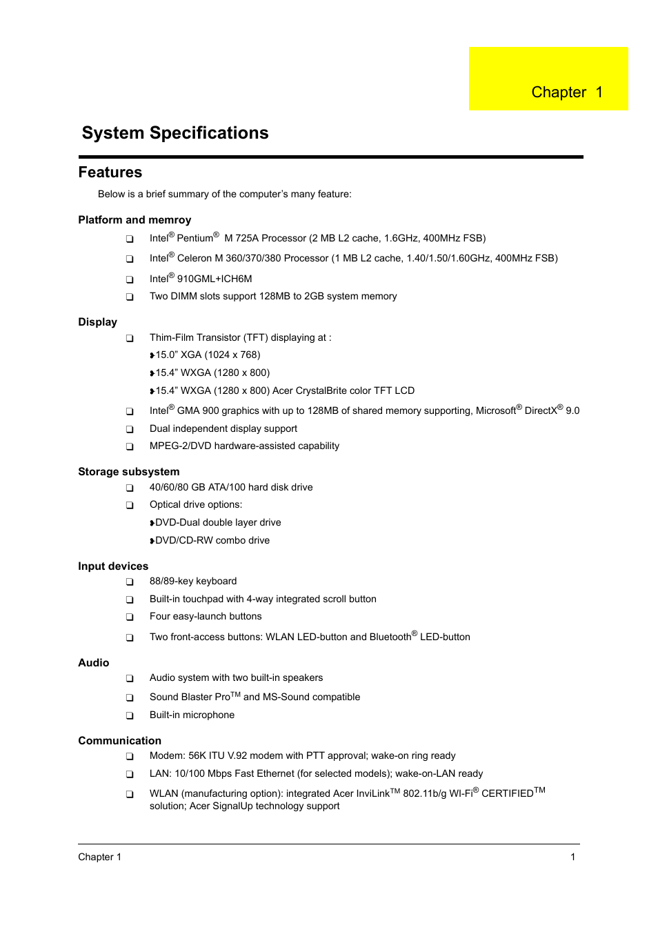 System specifications, Features, Chapter 1 | Acer 2410 User Manual | Page 9 / 92